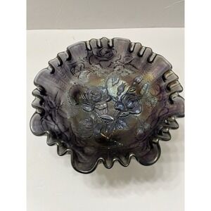 Vtg Iridescent Carnival Glass Bowl Amethyst Smoke Open Rose Ruffle Rim Footed